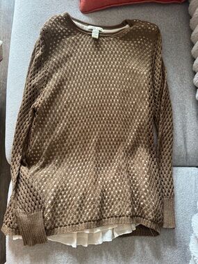 Crochet Open-Knit Scoop Neck Sweater - Brown